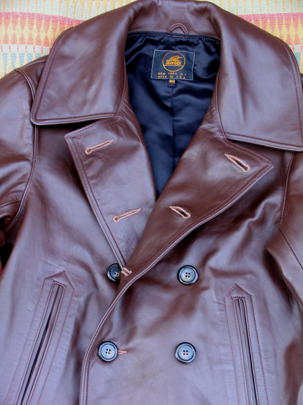 Russet Horsehide Leather Pea Coat Detail